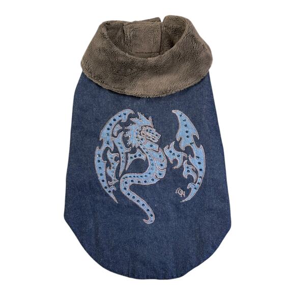 Oscar Newman‎ Dog “Heart of a Dragon” Denim Coat Faux Fur Lining/Collar Sz Large - Picture 1 of 12